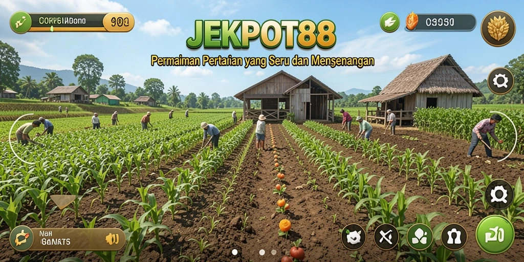 Tampilan gameplay JEKPOT88 menampilkan aktivitas bertani yang seru dan interaktif.
