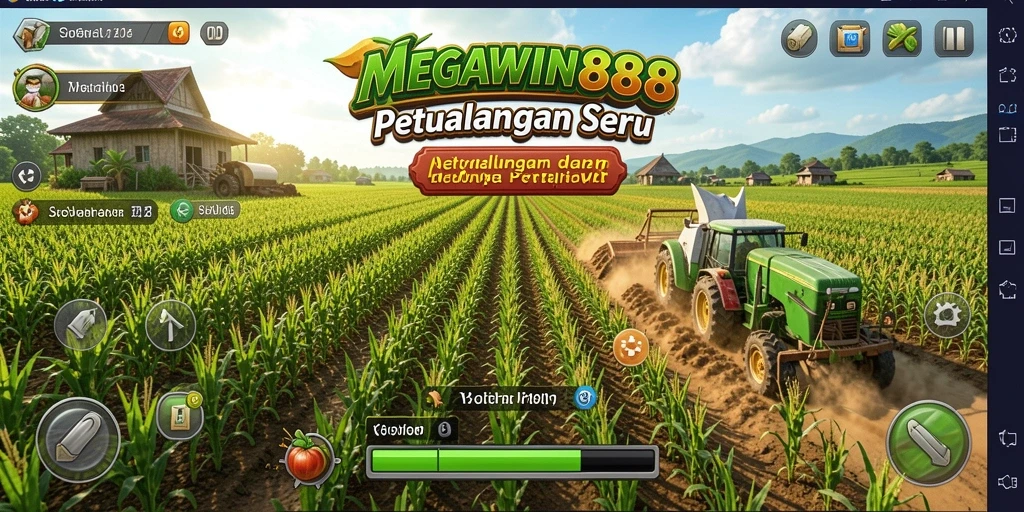 Tampilan gameplay MEGAWIN888 dengan ladang yang subur dan tanaman beragam.