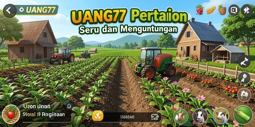 Tampilan gameplay UANG77 yang menampilkan ladang subur dan hewan lucu.